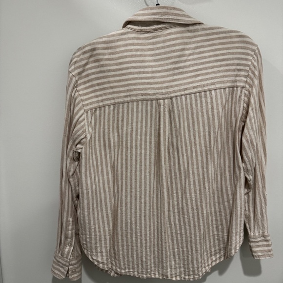Abercrombie & Fitch Oversized Linen Blend Shirt Brown Stripe, Step Hem, Size XS - Picture 3 of 4